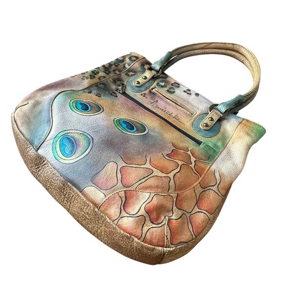 Anuschka Peacock Safari Hand Painted and Signed Leather Large Tote Bag - Picture 5 of 15
